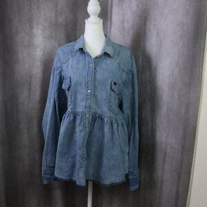 We The Free People Dylan Chambray Babydoll Top Womens Large Blue Pearl Snap LS
